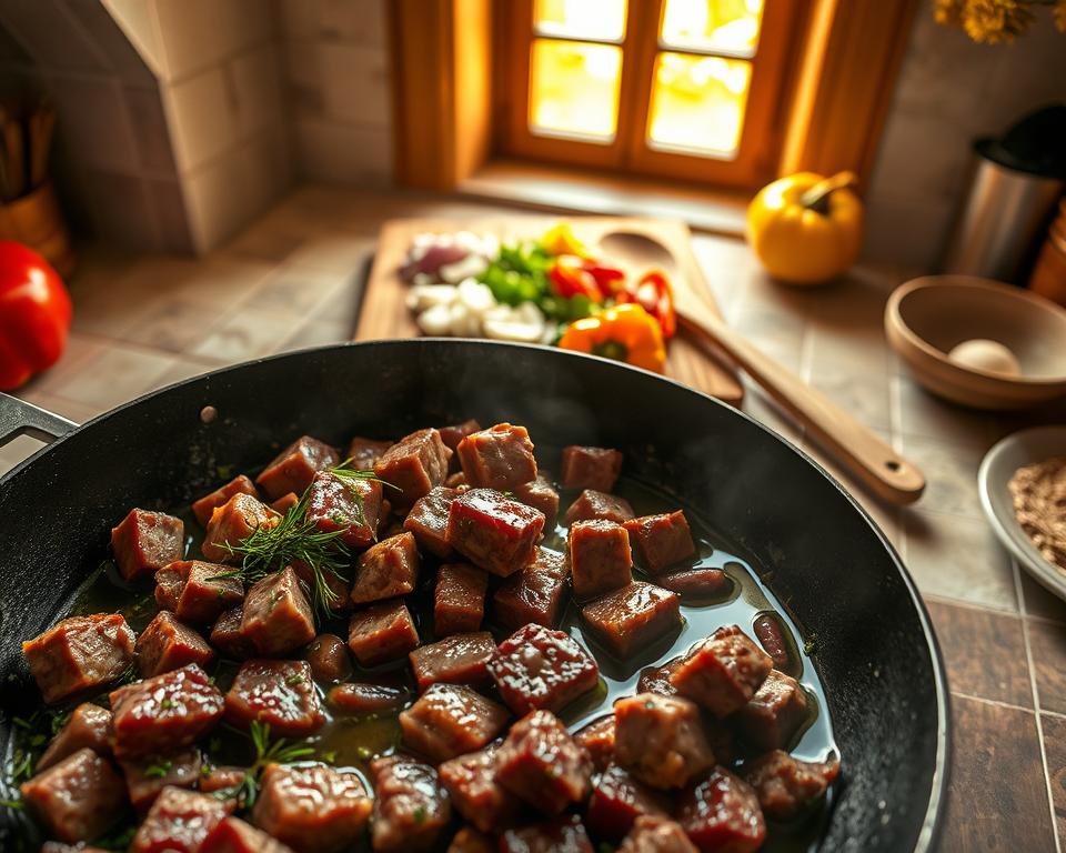 A rustic kitchen scene showcasing the process of sautéing meat for an Italian ragout. In the foreground, a large, heavy skillet with sizzling chunks of beef and pork, glistening in olive oil, surrounded by freshly chopped herbs like rosemary and thyme. The middle layer features a wooden cutting board scattered with diced onions, garlic, and colorful bell peppers, while a wooden spoon rests beside the pan, hinting at the bustling preparation. In the background, a window lets in warm, golden sunlight illuminating the kitchen, with Italian ceramic tiles creating an inviting atmosphere. The mood is vibrant and cozy, evoking the essence of traditional Italian cooking. The angle captures a top-down view that highlights the rich textures and colors of the ingredients, focusing on the warmth and authenticity of a classic Italian dish. A rustic kitchen scene showcasing the process of sautéing meat for an Italian ragout. In the foreground, a large, heavy skillet with sizzling chunks of beef and pork, glistening in olive oil, surrounded by freshly chopped herbs like rosemary and thyme. The middle layer features a wooden cutting board scattered with diced onions, garlic, and colorful bell peppers, while a wooden spoon rests beside the pan, hinting at the bustling preparation. In the background, a window lets in warm, golden sunlight illuminating the kitchen, with Italian ceramic tiles creating an inviting atmosphere. The mood is vibrant and cozy, evoking the essence of traditional Italian cooking. The angle captures a top-down view that highlights the rich textures and colors of the ingredients, focusing on the warmth and authenticity of a classic Italian dish.