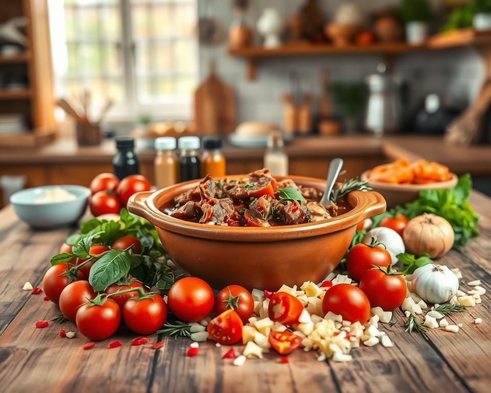 A rustic wooden table serves as the foreground, strewn with vibrant fresh ingredients for authentic Italian ragout. In the center, a deep, terracotta bowl filled with a rich, simmering ragout showcases chunks of tender beef, aromatic herbs, and diced vegetables. Surrounding the bowl, scatter fresh ingredients like ripe tomatoes, finely chopped onions, and garlic cloves, alongside sprigs of fresh basil and rosemary. The middle ground features an array of spices in colorful jars, adding to the culinary ambiance. In the softly lit background, a blurry view of an Italian kitchen hints at a warm, homely atmosphere, with wooden shelves displaying kitchenware. The gentle, natural lighting enhances the colors, creating a welcoming, appetizing scene that evokes the joy of traditional cooking. A rustic wooden table serves as the foreground, strewn with vibrant fresh ingredients for authentic Italian ragout. In the center, a deep, terracotta bowl filled with a rich, simmering ragout showcases chunks of tender beef, aromatic herbs, and diced vegetables. Surrounding the bowl, scatter fresh ingredients like ripe tomatoes, finely chopped onions, and garlic cloves, alongside sprigs of fresh basil and rosemary. The middle ground features an array of spices in colorful jars, adding to the culinary ambiance. In the softly lit background, a blurry view of an Italian kitchen hints at a warm, homely atmosphere, with wooden shelves displaying kitchenware. The gentle, natural lighting enhances the colors, creating a welcoming, appetizing scene that evokes the joy of traditional cooking.