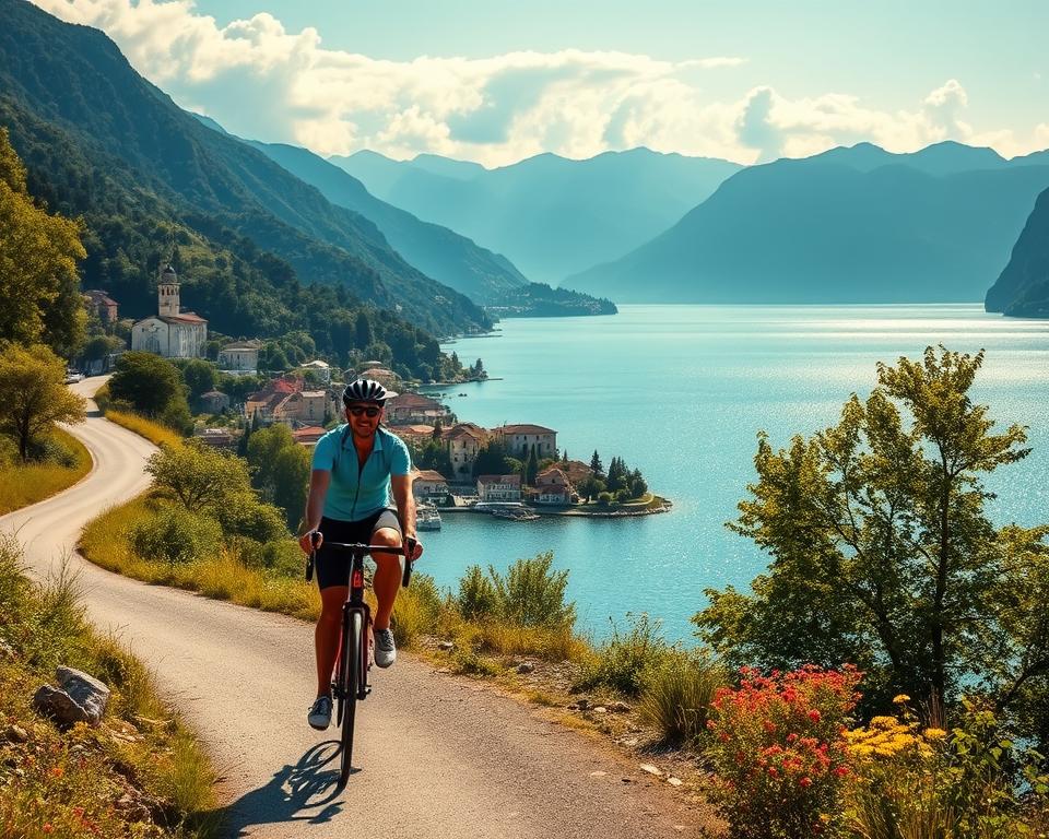 A scenic bike tour along the west shore of Lake Garda, capturing the essence of outdoor adventure. In the foreground, a cyclist in sporty, modest attire rides along a winding path, flanked by lush green vegetation and vibrant wildflowers. The middle ground features the stunning lake, its serene blue waters shimmering under the golden afternoon sun. Along the shore, quaint Italian villages with pastel-colored houses dot the landscape. In the background, majestic mountains rise, partially shrouded in soft, fluffy clouds, creating a harmonious blend of nature and culture. The overall mood is tranquil and invigorating, emphasizing the thrill of exploration. The scene is bathed in warm, natural light, shot from a slightly elevated angle to capture both the cyclist's journey and the breathtaking scenery. A scenic bike tour along the west shore of Lake Garda, capturing the essence of outdoor adventure. In the foreground, a cyclist in sporty, modest attire rides along a winding path, flanked by lush green vegetation and vibrant wildflowers. The middle ground features the stunning lake, its serene blue waters shimmering under the golden afternoon sun. Along the shore, quaint Italian villages with pastel-colored houses dot the landscape. In the background, majestic mountains rise, partially shrouded in soft, fluffy clouds, creating a harmonious blend of nature and culture. The overall mood is tranquil and invigorating, emphasizing the thrill of exploration. The scene is bathed in warm, natural light, shot from a slightly elevated angle to capture both the cyclist's journey and the breathtaking scenery.