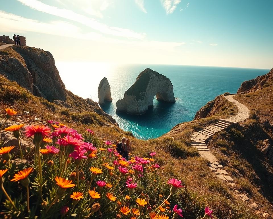 A scenic coastal hike in Sicily, featuring a rugged cliffside path overlooking shimmering turquoise waters. In the foreground, vibrant wildflowers bloom along the trail, with hikers dressed in modest casual attire, enjoying the stunning view. The middle of the image showcases dramatic rock formations and the sparkling sea, while the background captures a bright sunny sky dotted with wispy clouds. The sunlight casts warm tones, creating a welcoming and adventurous atmosphere. The scene is framed by the winding trail leading into the distance, inviting exploration of the breathtaking coastline. The composition is balanced and captivating, emphasizing the beauty of Sicily's coastal landscapes. A scenic coastal hike in Sicily, featuring a rugged cliffside path overlooking shimmering turquoise waters. In the foreground, vibrant wildflowers bloom along the trail, with hikers dressed in modest casual attire, enjoying the stunning view. The middle of the image showcases dramatic rock formations and the sparkling sea, while the background captures a bright sunny sky dotted with wispy clouds. The sunlight casts warm tones, creating a welcoming and adventurous atmosphere. The scene is framed by the winding trail leading into the distance, inviting exploration of the breathtaking coastline. The composition is balanced and captivating, emphasizing the beauty of Sicily's coastal landscapes.