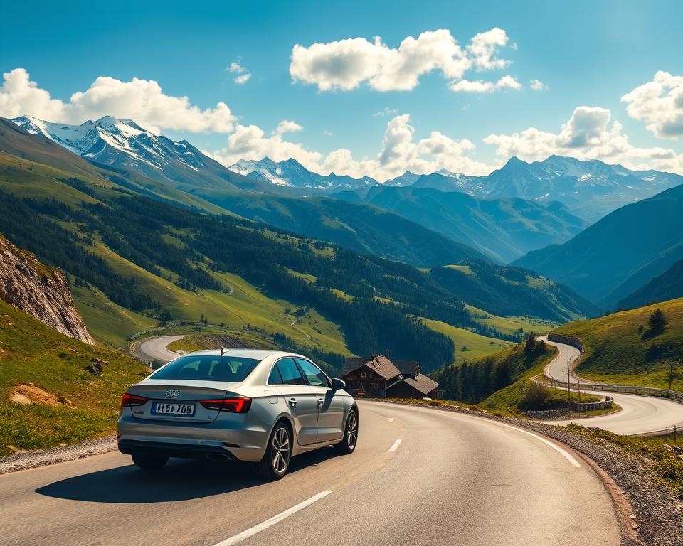 A scenic drive through the Alps, showcasing the route from Germany to Italy. In the foreground, a winding mountain road with a sleek car navigating the turns, glistening under the bright sunlight. The middle ground features majestic snow-capped peaks and lush green valleys, creating a breathtaking landscape. In the background, a distant view of a clear blue sky punctuated by fluffy clouds and a few traditional alpine chalets dotting the hills. The atmosphere is vibrant and adventurous, evoking the excitement of a road trip. The lighting is warm and inviting, capturing the essence of summer travel. The image should be shot from a slightly elevated angle to emphasize the winding road and the scenic beauty that surrounds it.