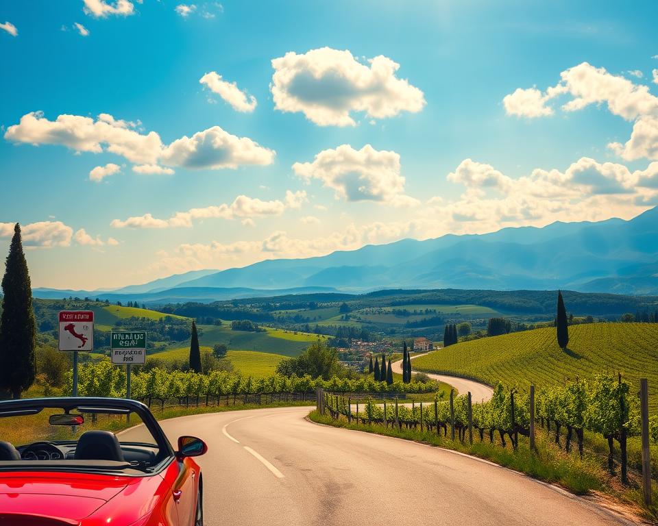 A scenic road winding through the picturesque landscapes of Italy, showcasing a vibrant green countryside dotted with vineyards and charming villages. In the foreground, a red convertible car drives along the winding road, with road signs indicating popular routes to various Italian destinations. The middle ground features rolling hills and cypress trees under a bright blue sky scattered with fluffy white clouds. In the background, distant mountains add depth to the horizon, their peaks kissed by soft golden sunlight. The atmosphere is cheerful and adventurous, inviting viewers to explore the beauty of Italy by car. The image is captured from a slightly elevated angle, allowing for a dynamic perspective. The colors are saturated and warm, reflecting the spirit of a summer road trip.