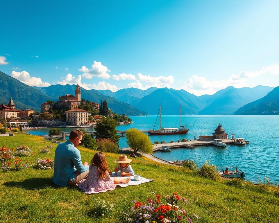 A scenic view of Lake Garda, showcasing its stunning landmarks and natural beauty. In the foreground, a peaceful lakeside with lush green grass and colorful wildflowers, where a family is set up for a picnic, dressed in smart casual attire. In the middle ground, the clear blue water of Lake Garda reflects the surrounding mountains, dotted with charming villages and historical structures, such as an ancient castle and vibrant waterfront cafes. The background features majestic mountains under a bright blue sky with fluffy white clouds. The scene is illuminated by warm, golden sunlight, creating a tranquil and inviting atmosphere. The composition is taken from a slightly elevated angle, capturing the beauty of the region while emphasizing the natural lifestyle of outdoor enjoyment.