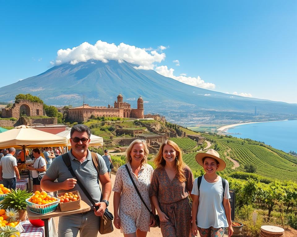 A scenic view of Sicily tailored for families, illustrating natural routes and historical itineraries. In the foreground, a cheerful family of four—dressed in casual, modest clothing—enjoys exploring a vibrant market filled with fruits and local crafts. In the middle ground, ancient ruins and lush vineyards represent the diverse landscapes of Sicily, interspersed with winding paths leading to beautiful coastal views. The background features the majestic Mount Etna partially covered in clouds under a bright blue sky. The image is lit with warm, inviting sunlight, creating a joyful and adventurous atmosphere. Use a slightly elevated angle to showcase the landscape and family interaction, capturing the essence of a memorable family vacation in Southern Italy.