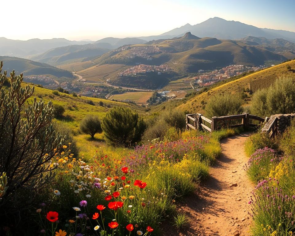 A scenic view of Sicily’s diverse landscapes, showcasing hiking trails through lush Mediterranean vegetation. In the foreground, a well-defined trail winds through vibrant wildflowers and olive groves, inviting adventure. The middle ground features rolling hills and volcanic mountains, like Mount Etna, with patches of sunlit vineyards and charming, traditional villages. The background is bathed in warm sunlight, casting long shadows and creating a serene atmosphere. Capture the image from a slightly elevated angle to provide depth, emphasizing the layered beauty of Sicily's regions. The mood is adventurous yet tranquil, perfect for exploring nature. Soft, natural lighting enhances the colors of the landscape, creating an inviting scene for hiking enthusiasts. A scenic view of Sicily’s diverse landscapes, showcasing hiking trails through lush Mediterranean vegetation. In the foreground, a well-defined trail winds through vibrant wildflowers and olive groves, inviting adventure. The middle ground features rolling hills and volcanic mountains, like Mount Etna, with patches of sunlit vineyards and charming, traditional villages. The background is bathed in warm sunlight, casting long shadows and creating a serene atmosphere. Capture the image from a slightly elevated angle to provide depth, emphasizing the layered beauty of Sicily's regions. The mood is adventurous yet tranquil, perfect for exploring nature. Soft, natural lighting enhances the colors of the landscape, creating an inviting scene for hiking enthusiasts.