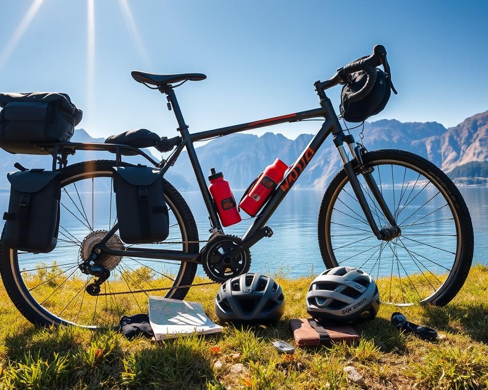 A scenic view of a bicycle setup for a cycling tour around Lake Garda, capturing essential bike touring equipment. In the foreground, a well-equipped touring bicycle with a sturdy frame, attached panniers, and a bright red water bottle. The middle ground displays a neatly arranged collection of gear: a helmet, gloves, map, and a portable bike repair kit, all laid out on a grassy patch. In the background, the stunning Lake Garda with its crystal-clear waters reflects the surrounding mountains under a bright blue sky. The sunlight casts warm rays, enhancing the tranquil atmosphere of a perfect cycling day. The image should have a slight depth of field for an engaging perspective, evoking a sense of adventure and preparation for an unforgettable cycling journey. A scenic view of a bicycle setup for a cycling tour around Lake Garda, capturing essential bike touring equipment. In the foreground, a well-equipped touring bicycle with a sturdy frame, attached panniers, and a bright red water bottle. The middle ground displays a neatly arranged collection of gear: a helmet, gloves, map, and a portable bike repair kit, all laid out on a grassy patch. In the background, the stunning Lake Garda with its crystal-clear waters reflects the surrounding mountains under a bright blue sky. The sunlight casts warm rays, enhancing the tranquil atmosphere of a perfect cycling day. The image should have a slight depth of field for an engaging perspective, evoking a sense of adventure and preparation for an unforgettable cycling journey.