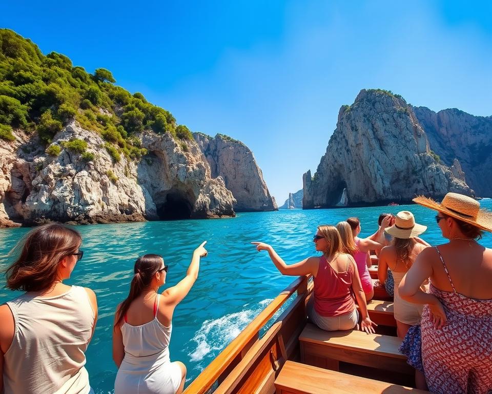 A scenic view of a boat tour in the Gargano region of Italy, showcasing vibrant turquoise waters surrounding the Tremiti Islands. In the foreground, a wooden boat carrying tourists wearing modest summer attire, enjoying their journey, with some pointing at intriguing sea caves along the coastline. In the middle ground, dramatic limestone cliffs rise majestically, partially covered with lush green vegetation, while the sun casts warm golden light, creating a shimmering effect on the water. In the background, the Tremiti Islands are visible under a clear blue sky, adding depth to the scene. The atmosphere is joyful and adventurous, capturing the essence of exploration in this breathtaking coastal paradise. A scenic view of a boat tour in the Gargano region of Italy, showcasing vibrant turquoise waters surrounding the Tremiti Islands. In the foreground, a wooden boat carrying tourists wearing modest summer attire, enjoying their journey, with some pointing at intriguing sea caves along the coastline. In the middle ground, dramatic limestone cliffs rise majestically, partially covered with lush green vegetation, while the sun casts warm golden light, creating a shimmering effect on the water. In the background, the Tremiti Islands are visible under a clear blue sky, adding depth to the scene. The atmosphere is joyful and adventurous, capturing the essence of exploration in this breathtaking coastal paradise.