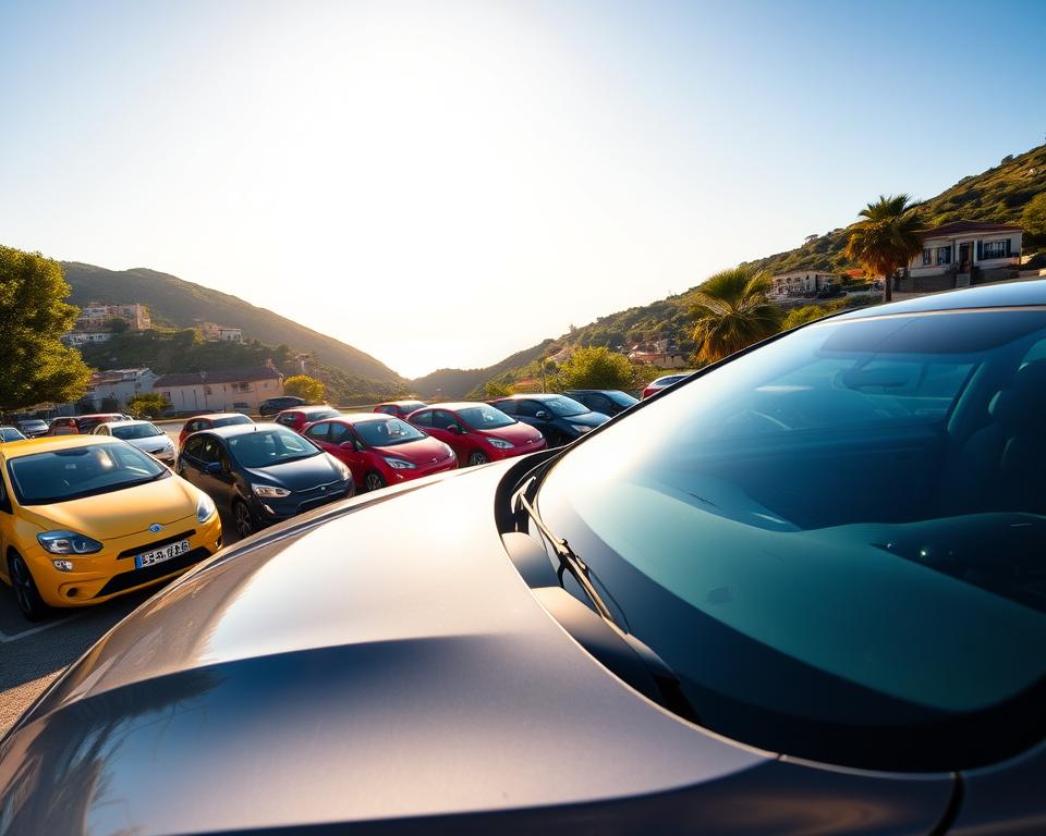 A scenic view of a car rental area in Gargano, Italy, showcasing a sleek, modern rental car parked in the foreground, highlighting its shiny surface reflecting the natural light. In the middle ground, neatly lined rental cars with vibrant colors, surrounded by lush greenery typical of the Gargano landscape. The background features picturesque hills dotted with quaint Italian homes and hints of the Adriatic Sea under a clear blue sky. The scene is captured during golden hour, infusing the image with warm, inviting lighting. The atmosphere feels relaxed yet adventurous, embodying the essence of exploring this beautiful region. Emphasize a wide-angle view to capture the expanse of the location and its tranquil charm. A scenic view of a car rental area in Gargano, Italy, showcasing a sleek, modern rental car parked in the foreground, highlighting its shiny surface reflecting the natural light. In the middle ground, neatly lined rental cars with vibrant colors, surrounded by lush greenery typical of the Gargano landscape. The background features picturesque hills dotted with quaint Italian homes and hints of the Adriatic Sea under a clear blue sky. The scene is captured during golden hour, infusing the image with warm, inviting lighting. The atmosphere feels relaxed yet adventurous, embodying the essence of exploring this beautiful region. Emphasize a wide-angle view to capture the expanse of the location and its tranquil charm.