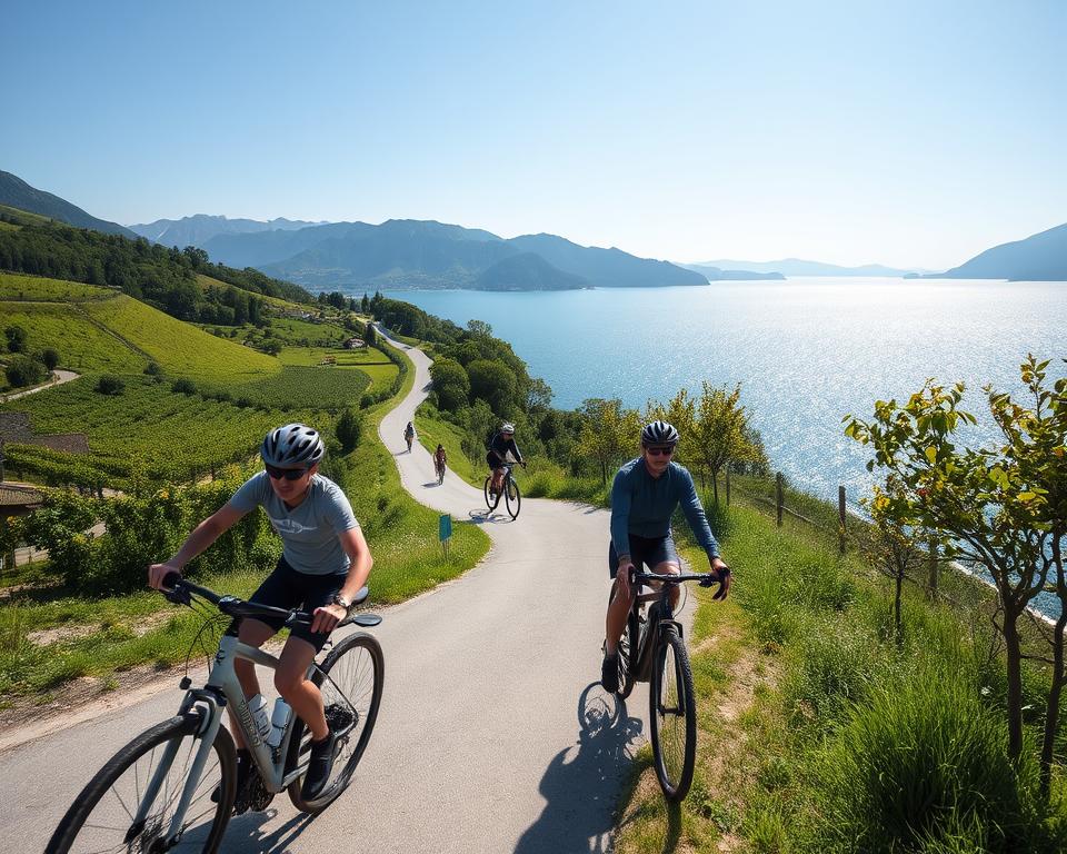 A scenic view of a cycling route along the eastern shore of Lake Garda, Italy. In the foreground, a cyclist in casual attire rides a mountain bike, enjoying the serene lake view. The middle ground features lush green hills and lemon groves, with cyclists of various ages leisurely biking on a winding path. In the background, the sparkling blue waters of Lake Garda stretch out under a clear sky, with gentle waves lapping at the shore. The sun shines brightly, casting soft shadows across the landscape, creating a warm and inviting atmosphere. Capture this image at a slight angle to provide depth, emphasizing the beauty of nature and the joy of cycling in this picturesque setting. A scenic view of a cycling route along the eastern shore of Lake Garda, Italy. In the foreground, a cyclist in casual attire rides a mountain bike, enjoying the serene lake view. The middle ground features lush green hills and lemon groves, with cyclists of various ages leisurely biking on a winding path. In the background, the sparkling blue waters of Lake Garda stretch out under a clear sky, with gentle waves lapping at the shore. The sun shines brightly, casting soft shadows across the landscape, creating a warm and inviting atmosphere. Capture this image at a slight angle to provide depth, emphasizing the beauty of nature and the joy of cycling in this picturesque setting.