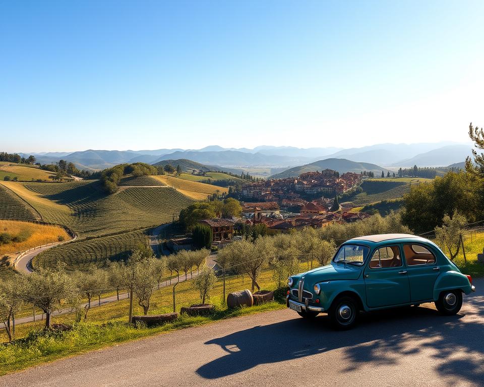 A scenic view of a picturesque Italian countryside landscape, featuring rolling hills adorned with vineyards and olive groves under a bright blue sky. In the foreground, a classic vintage car is parked beside a winding road, symbolizing adventure and exploration. In the middle ground, a quaint village with terracotta-roofed houses and cobblestone streets is seen, capturing the charm of Italy. The background showcases majestic mountains in the distance, bathed in the warm golden light of late afternoon, creating a serene and inviting atmosphere. The scene is framed with soft shadows to evoke a sense of tranquility, while the lush green fields and vibrant colors of the landscape inspire a mood of excitement and wanderlust. A scenic view of a picturesque Italian countryside landscape, featuring rolling hills adorned with vineyards and olive groves under a bright blue sky. In the foreground, a classic vintage car is parked beside a winding road, symbolizing adventure and exploration. In the middle ground, a quaint village with terracotta-roofed houses and cobblestone streets is seen, capturing the charm of Italy. The background showcases majestic mountains in the distance, bathed in the warm golden light of late afternoon, creating a serene and inviting atmosphere. The scene is framed with soft shadows to evoke a sense of tranquility, while the lush green fields and vibrant colors of the landscape inspire a mood of excitement and wanderlust.