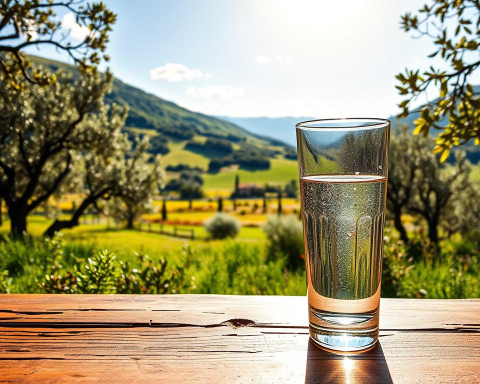 A scenic view of a tranquil Italian landscape showcasing a clear, bubbling mountain spring, symbolizing high-quality drinking water. In the foreground, a glass of crystal-clear water is placed elegantly beside a rustic wooden table with a backdrop of lush greenery and rolling hills under a bright, sunny sky. The middle ground features a few olive trees and a distant farmhouse, creating an idyllic rural atmosphere. The sun casts gentle, golden light, enhancing the clarity and purity of the water. The overall mood is serene and inviting, reflecting the safety and freshness of drinking water in Italy. The composition is framed with a wide-angle perspective, capturing both the natural beauty and the essence of Italian culture, without any people or text present. A scenic view of a tranquil Italian landscape showcasing a clear, bubbling mountain spring, symbolizing high-quality drinking water. In the foreground, a glass of crystal-clear water is placed elegantly beside a rustic wooden table with a backdrop of lush greenery and rolling hills under a bright, sunny sky. The middle ground features a few olive trees and a distant farmhouse, creating an idyllic rural atmosphere. The sun casts gentle, golden light, enhancing the clarity and purity of the water. The overall mood is serene and inviting, reflecting the safety and freshness of drinking water in Italy. The composition is framed with a wide-angle perspective, capturing both the natural beauty and the essence of Italian culture, without any people or text present.