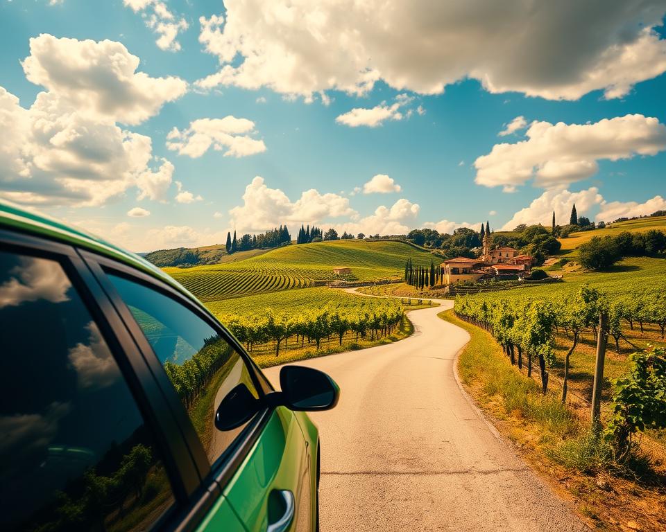 A scenic view of a winding Italian road, with a bright blue sky and fluffy white clouds overhead. In the foreground, a stylish sedan is parked by the roadside, featuring a vibrant color. The car's windows are rolled down, and the sunlight casts dynamic reflections. In the middle ground, lush green vineyards stretch out on both sides of the road, interspersed with charming rustic farmhouses. Some rolling hills can be seen in the distance, dotted with cypress trees. The atmosphere is warm and inviting, capturing the essence of a leisurely road trip through Italy. The lighting is golden, reminiscent of late afternoon sun. The camera angle is slightly elevated, giving a view down the picturesque road, enhancing the sense of adventure and exploration. A scenic view of a winding Italian road, with a bright blue sky and fluffy white clouds overhead. In the foreground, a stylish sedan is parked by the roadside, featuring a vibrant color. The car's windows are rolled down, and the sunlight casts dynamic reflections. In the middle ground, lush green vineyards stretch out on both sides of the road, interspersed with charming rustic farmhouses. Some rolling hills can be seen in the distance, dotted with cypress trees. The atmosphere is warm and inviting, capturing the essence of a leisurely road trip through Italy. The lighting is golden, reminiscent of late afternoon sun. The camera angle is slightly elevated, giving a view down the picturesque road, enhancing the sense of adventure and exploration.