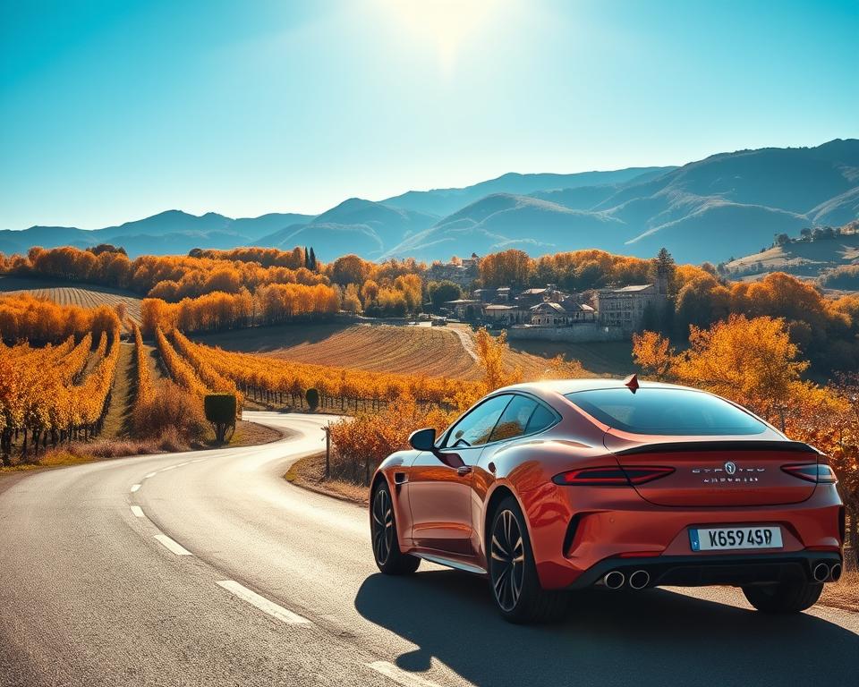 A scenic view of a winding road in Italy during the best travel season, early autumn. In the foreground, a stylish car drives along the picturesque route, showcasing its sleek design and elegant color. The middle ground features lush vineyards and rolling hills adorned with vibrant autumn foliage, highlighting warm oranges and yellows. In the background, a charming village with rustic architecture rests against a backdrop of the Apennine mountains under a clear blue sky. Soft sunlight casts a golden hue over the landscape, creating a warm, inviting atmosphere. A slight lens flare adds a touch of magic to the scene, evoking a sense of adventure and wanderlust for travelers eager to explore Italy by car.