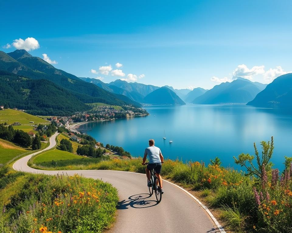 A scenic view of the Gardasee (Lake Garda) surrounded by lush green hills and picturesque towns along the shoreline. In the foreground, a winding bike path meanders along the lake, with a cyclist dressed in casual attire cycling peacefully. The middle ground features vibrant wildflowers and a few small boats floating on the crystal-clear water. The background showcases majestic mountains reflecting in the lake, under a clear blue sky with soft white clouds. The lighting is warm and inviting, suggesting a sunny day. The atmosphere is tranquil and inspiring, capturing the beauty and adventure of cycling around Lake Garda. The perspective is wide-angle, emphasizing the stunning landscape and making the viewer feel immersed in the experience. A scenic view of the Gardasee (Lake Garda) surrounded by lush green hills and picturesque towns along the shoreline. In the foreground, a winding bike path meanders along the lake, with a cyclist dressed in casual attire cycling peacefully. The middle ground features vibrant wildflowers and a few small boats floating on the crystal-clear water. The background showcases majestic mountains reflecting in the lake, under a clear blue sky with soft white clouds. The lighting is warm and inviting, suggesting a sunny day. The atmosphere is tranquil and inspiring, capturing the beauty and adventure of cycling around Lake Garda. The perspective is wide-angle, emphasizing the stunning landscape and making the viewer feel immersed in the experience.
