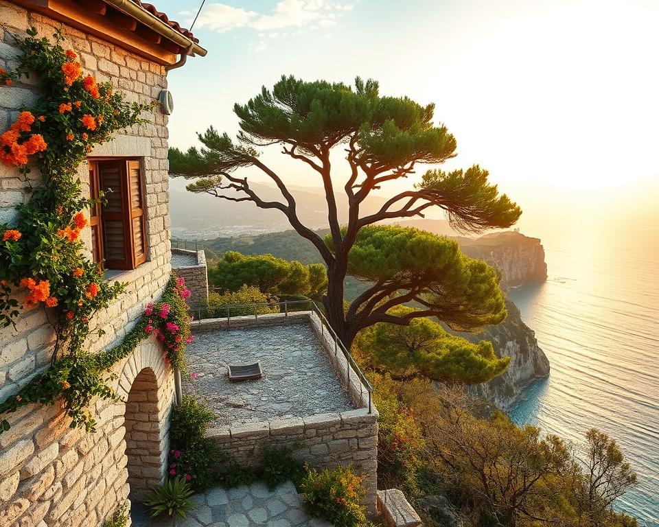 A scenic view of the Gargano region in Italy, showcasing its rich cultural landmarks and historical sites. In the foreground, capture the intricate details of a traditional Apulian stone building adorned with bright flowers. The middle ground features the iconic Umbra Forest, lush and vibrant, with ancient trees creating a serene ambiance. In the background, the dramatic coastline of the Adriatic Sea stretches out, with cliffs and azure waters under a warm golden sunset. Soft, diffused lighting casts a romantic glow over the landscape, enhancing the sense of tranquility. The image should evoke a mood of exploration and appreciation, inviting viewers to immerse themselves in the beauty of "Sehenswürdigkeiten Gargano." A scenic view of the Gargano region in Italy, showcasing its rich cultural landmarks and historical sites. In the foreground, capture the intricate details of a traditional Apulian stone building adorned with bright flowers. The middle ground features the iconic Umbra Forest, lush and vibrant, with ancient trees creating a serene ambiance. In the background, the dramatic coastline of the Adriatic Sea stretches out, with cliffs and azure waters under a warm golden sunset. Soft, diffused lighting casts a romantic glow over the landscape, enhancing the sense of tranquility. The image should evoke a mood of exploration and appreciation, inviting viewers to immerse themselves in the beauty of "Sehenswürdigkeiten Gargano."