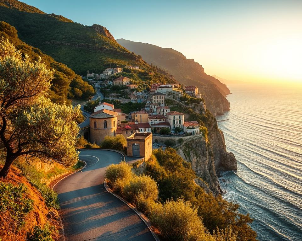 A scenic view of the Gargano region in Italy, showcasing the lush green hills and dramatic cliffs along the Adriatic coast. In the foreground, a winding road adorned with olive trees leads the viewer's gaze into the landscape, hinting at a journey through this beautiful destination. The middle ground features quaint Italian villages with traditional architecture, terraces with vibrant flowers, and winding streets creating a harmonious charm. The background presents a stunning sunset, casting warm golden rays over the seascape, with gentle waves lapping at the shore. The atmosphere feels inviting and serene, perfectly capturing the allure of travel to Gargano. Light is soft, enhancing the allure of this picturesque setting, with a wide-angle perspective to offer a panoramic view. A scenic view of the Gargano region in Italy, showcasing the lush green hills and dramatic cliffs along the Adriatic coast. In the foreground, a winding road adorned with olive trees leads the viewer's gaze into the landscape, hinting at a journey through this beautiful destination. The middle ground features quaint Italian villages with traditional architecture, terraces with vibrant flowers, and winding streets creating a harmonious charm. The background presents a stunning sunset, casting warm golden rays over the seascape, with gentle waves lapping at the shore. The atmosphere feels inviting and serene, perfectly capturing the allure of travel to Gargano. Light is soft, enhancing the allure of this picturesque setting, with a wide-angle perspective to offer a panoramic view.