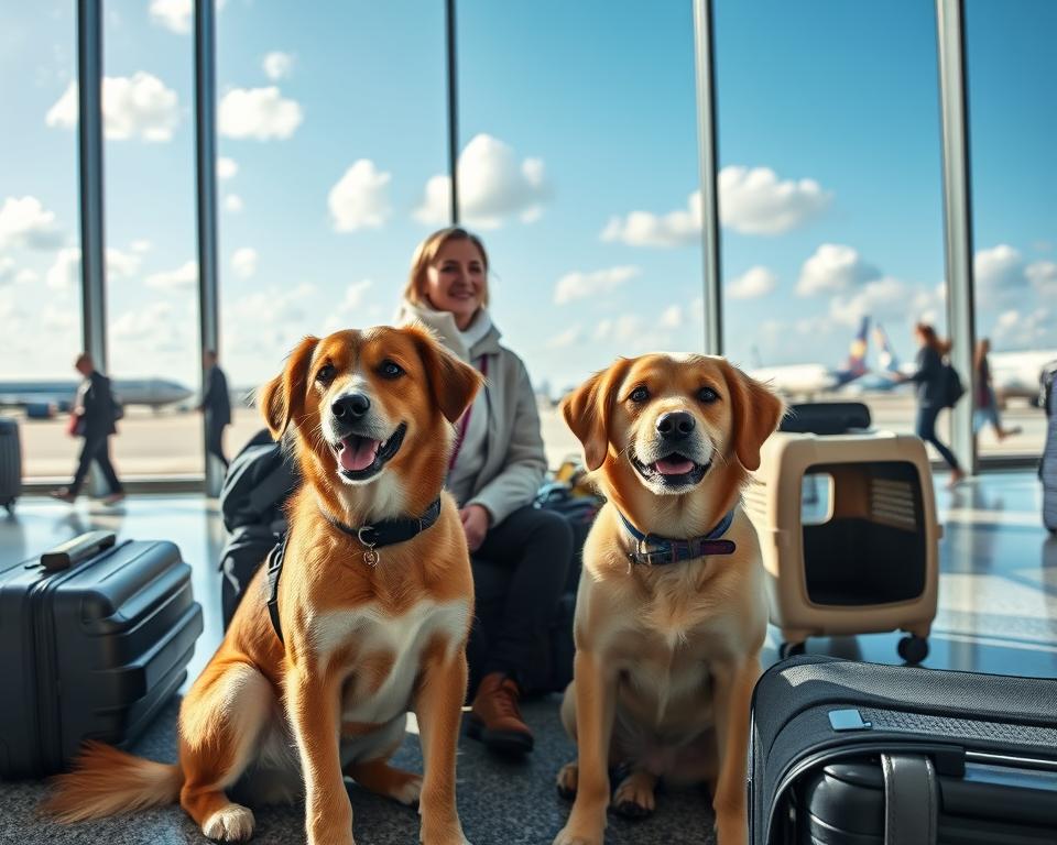 A serene airport scene depicting a dog and its owner preparing for a flight back to Germany. In the foreground, a happy medium-sized dog with a shiny coat sits beside its owner, a casually dressed person in comfortable travel attire. They are surrounded by travel luggage and pet carriers, emphasizing the travel theme. In the middle ground, an airport terminal bustling with travelers can be seen, featuring large windows that show planes on the tarmac. The background reveals a clear blue sky with fluffy white clouds, highlighting a daytime departure. The overall mood is calm yet anticipatory, capturing the excitement of traveling with a beloved pet. The lighting is bright and welcoming, suggesting afternoon sun streaming through the terminal. A serene airport scene depicting a dog and its owner preparing for a flight back to Germany. In the foreground, a happy medium-sized dog with a shiny coat sits beside its owner, a casually dressed person in comfortable travel attire. They are surrounded by travel luggage and pet carriers, emphasizing the travel theme. In the middle ground, an airport terminal bustling with travelers can be seen, featuring large windows that show planes on the tarmac. The background reveals a clear blue sky with fluffy white clouds, highlighting a daytime departure. The overall mood is calm yet anticipatory, capturing the excitement of traveling with a beloved pet. The lighting is bright and welcoming, suggesting afternoon sun streaming through the terminal.