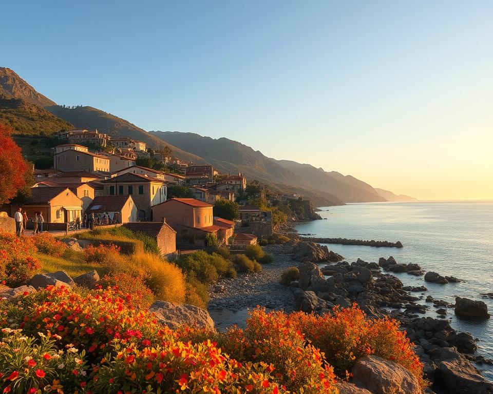 A serene autumn scene on the Lipari Islands, showcasing vibrant fall foliage in warm shades of orange, yellow, and red. In the foreground, a rocky coastline is dotted with colorful wildflowers and scattered fallen leaves. The middle ground features quaint villages with terracotta rooftops, where locals are casually enjoying their day, dressed in modest, stylish clothing. In the background, rolling hills rise towards the horizon, adorned with vineyards and olive groves basking in the soft, golden light of a late afternoon sun. The atmosphere is warm and inviting, with a clear sky transitioning into soft twilight, casting a peaceful glow over the landscape. The image should convey the tranquil beauty of autumn, highlighting the natural charm of the islands without any text or watermarks.