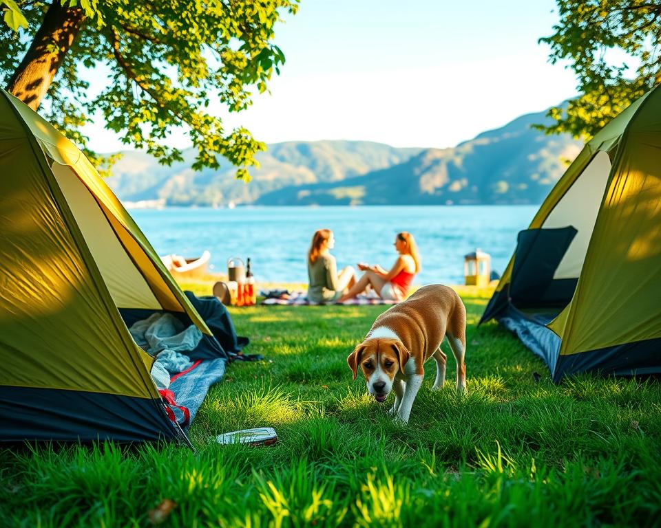 A serene camping scene at Lake Garda, featuring a happy dog exploring the lush green surroundings. In the foreground, the dog is playfully sniffing around a tent, with camping gear and a cozy picnic blanket nearby. In the middle ground, a family relaxes at their campsite, dressed in casual yet modest clothing, enjoying the natural beauty. The background showcases the stunning blue waters of Lake Garda, framed by gentle hills and a clear sky, illuminated by warm late afternoon sunlight, casting soft shadows. Enhance the image with a slight focus on the dog, capturing the joyful atmosphere of a pet-friendly camping experience.