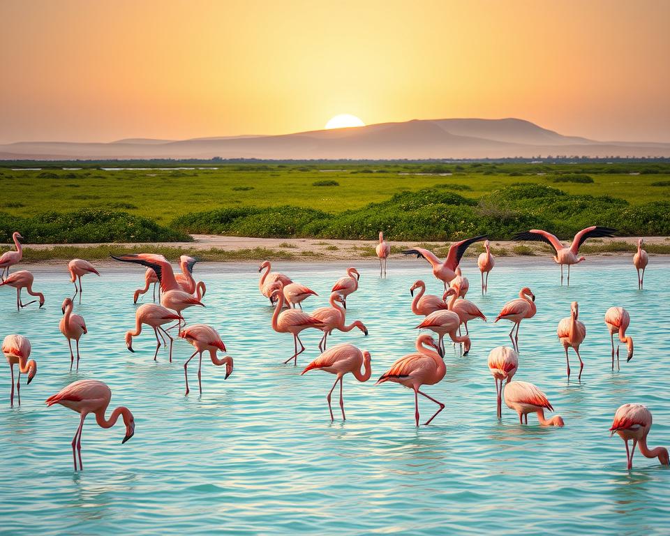 A serene coastal scene depicting a vibrant flock of flamingos in their natural habitat on the shores of Sardinia. In the foreground, various flamingos are standing gracefully in shallow turquoise waters, their reflections shimmering on the surface. Some are elegantly feeding, heads down, while others are spreading their wings, showcasing their striking pink feathers contrasting against the clear sky. The middle ground features a backdrop of lush green vegetation and coastal salt marshes, dotted with small wildflowers. In the background, gentle sand dunes lead to a soft, golden sunset, casting warm hues across the scene. The lighting is soft and warm, emphasizing a tranquil and peaceful atmosphere, perfect for illustrating the seasonal presence of flamingos. The angle captures both the flamingos and the stunning coastal scenery, inviting viewers into the unique environment of Sardinia.