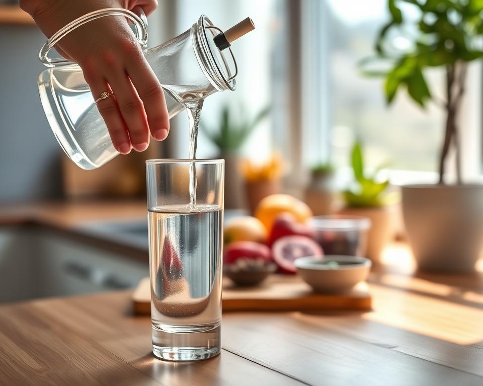 A serene kitchen setting with a focus on a glass of clear tap water resting on a wooden countertop. The foreground features a delicate hand pouring the water from a stylish pitcher, showcasing the theme of hydration. In the middle ground, a blurred view of fresh fruits and herbal tea ingredients suggests a health-conscious lifestyle. Natural soft light streams in from a nearby window, casting gentle shadows and creating a warm, inviting atmosphere. The background includes a subtle glimpse of potted plants, emphasizing a connection to nature. The scene conveys a sense of tranquility and mindfulness, ideal for individuals with sensitive stomachs looking for safe hydration options. A serene kitchen setting with a focus on a glass of clear tap water resting on a wooden countertop. The foreground features a delicate hand pouring the water from a stylish pitcher, showcasing the theme of hydration. In the middle ground, a blurred view of fresh fruits and herbal tea ingredients suggests a health-conscious lifestyle. Natural soft light streams in from a nearby window, casting gentle shadows and creating a warm, inviting atmosphere. The background includes a subtle glimpse of potted plants, emphasizing a connection to nature. The scene conveys a sense of tranquility and mindfulness, ideal for individuals with sensitive stomachs looking for safe hydration options.