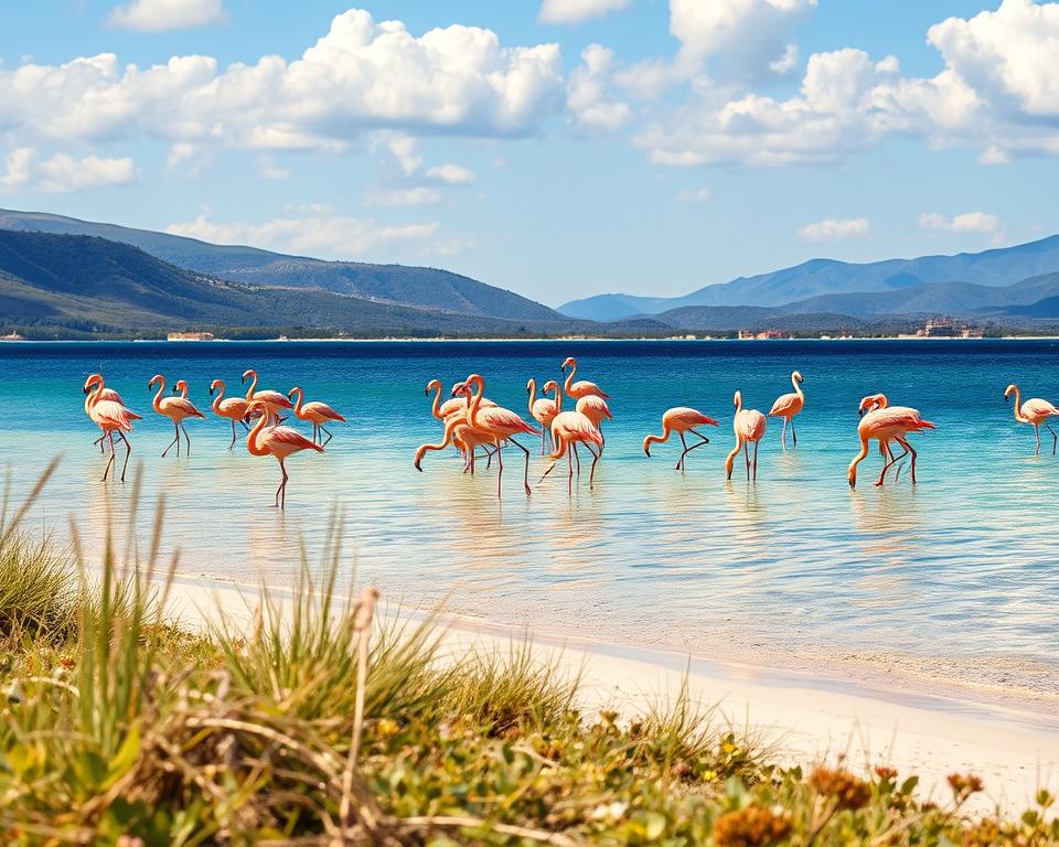 A serene landscape of Sardinia, showcasing a flock of vibrant pink flamingos wading gracefully in shallow, crystal-clear waters. In the foreground, delicate grasses and wildflowers gently sway in the breeze, contrasting with the soft sandy beach that leads to the water. The middle ground features the flamingos, their reflections shimmering on the surface, while some forage for food, creating a lively scene. The background reveals rolling hills covered in lush greenery and faint mountains under a bright blue sky, dotted with fluffy white clouds. The lighting is warm and natural, suggesting a late afternoon glow, evoking a peaceful and vibrant atmosphere that highlights the ecological significance of these majestic birds within this Mediterranean ecosystem.