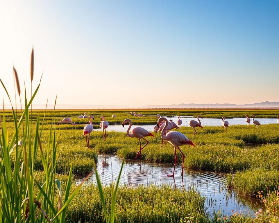 A serene landscape of Stagno di Molentargius, showcasing a flock of elegant flamingos wading gracefully in shallow waters, their vibrant pink feathers contrasting with the rich greens of the surrounding marshland. In the foreground, tall reeds sway gently in the breeze, while delicate wildflowers sprinkle color across the scene. The middle ground features the flamingos, some standing on one leg, while others dip their heads into the water, creating ripples. In the background, a soft horizon meets a clear blue sky, with a hint of distant hills under warm, golden sunlight, casting a tranquil and inviting atmosphere. The image captures the beauty of nature, with a focus on wildlife observation, evoking a sense of peace and wonder. No human figures present.