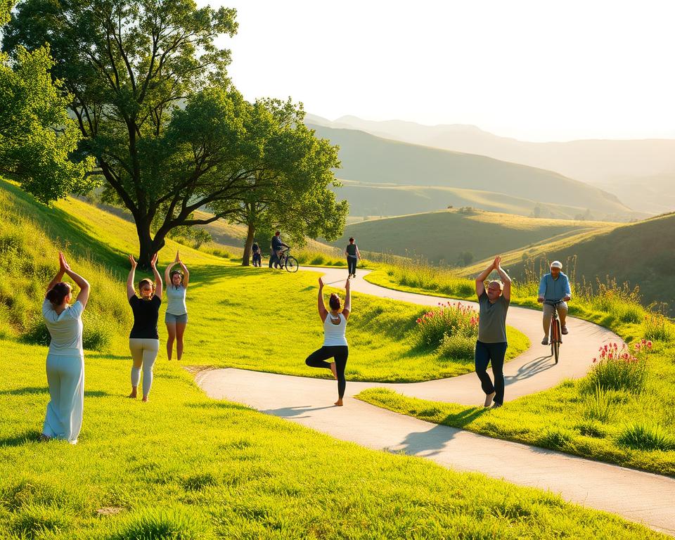 A serene landscape showcasing gentle movement in wellness, featuring a sunlit pathway winding through lush greenery. In the foreground, a diverse group of leisure seekers in modest casual clothing engage in light stretching and yoga poses on soft grass. The middle ground displays a shaded area where some are leisurely cycling along a picturesque route, surrounded by vibrant flowers and soothing natural elements. In the background, rolling hills bathed in golden sunlight create a tranquil atmosphere. The warm, soft lighting casts gentle shadows, enhancing the peaceful mood of relaxation and rejuvenation. The composition focuses on harmony, inviting viewers to connect with the rejuvenating essence of gentle movement and nature. A serene landscape showcasing gentle movement in wellness, featuring a sunlit pathway winding through lush greenery. In the foreground, a diverse group of leisure seekers in modest casual clothing engage in light stretching and yoga poses on soft grass. The middle ground displays a shaded area where some are leisurely cycling along a picturesque route, surrounded by vibrant flowers and soothing natural elements. In the background, rolling hills bathed in golden sunlight create a tranquil atmosphere. The warm, soft lighting casts gentle shadows, enhancing the peaceful mood of relaxation and rejuvenation. The composition focuses on harmony, inviting viewers to connect with the rejuvenating essence of gentle movement and nature.
