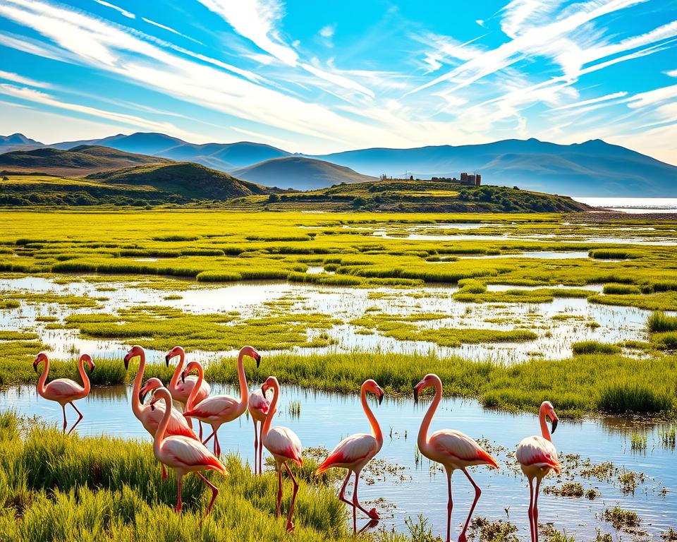 A serene landscape showcasing the history of flamingos in Sardinia. In the foreground, a flock of graceful flamingos stands elegantly in shallow waters, their vivid pink feathers contrasting against soft greens and whites of the surrounding nature. In the middle ground, a picturesque wetlands environment features lush marsh grasses and small pools reflecting the sunlight. In the background, rolling hills and the Mediterranean coastline create a tranquil atmosphere, bathed in golden hour light, casting long shadows. The sky is a brilliant blue with streaks of white clouds, enhancing the peaceful scene. Capture the ethereal beauty and natural habitat of flamingos, conveying a sense of history and harmony within their environment.
