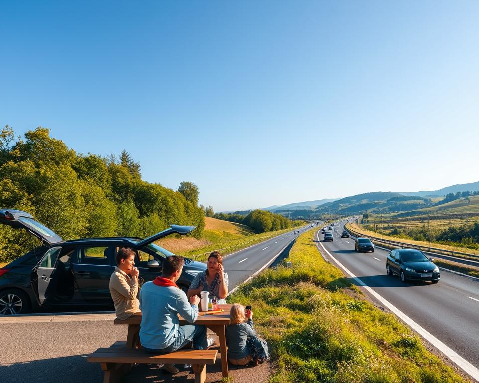 A serene rest area along a busy autobahn, surrounded by lush green trees and rolling hills under a clear blue sky. In the foreground, a family of four dressed in casual travel attire is enjoying a picnic at a designated table, with an open car parked nearby. In the middle, a few other travelers are seen stretching their legs and sipping coffee from portable cups, showcasing relaxed and friendly interactions. The background features well-maintained roads with vehicles traveling smoothly, emphasizing safety and a sense of calm. The scene is illuminated by warm, natural lighting of a late afternoon sun, creating an inviting and tranquil atmosphere suitable for road trips. The image is framed from a slightly elevated angle, capturing the expansive rest area and the comforting space it provides for travelers.