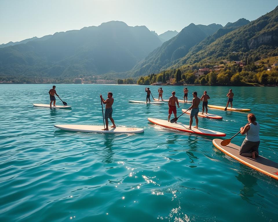 A serene scene at Lake Garda capturing the essence of water sports, particularly stand-up paddleboarding (SUP). In the foreground, a diverse group of individuals in modest sports attire are paddling on crystal-clear turquoise waters, showcasing their skills and enjoying the sun. In the middle ground, colorful SUP boards glide gracefully alongside each other, reflecting the sun’s warm glow. The background features the majestic mountains framing the lake, with lush greenery lining the shores, suggesting a vibrant natural paradise. The scene is bathed in golden hour lighting, casting soft shadows and enhancing the tranquil atmosphere. The image should evoke a sense of adventure and relaxation, inviting viewers to embrace the beauty of outdoor sports amidst nature.