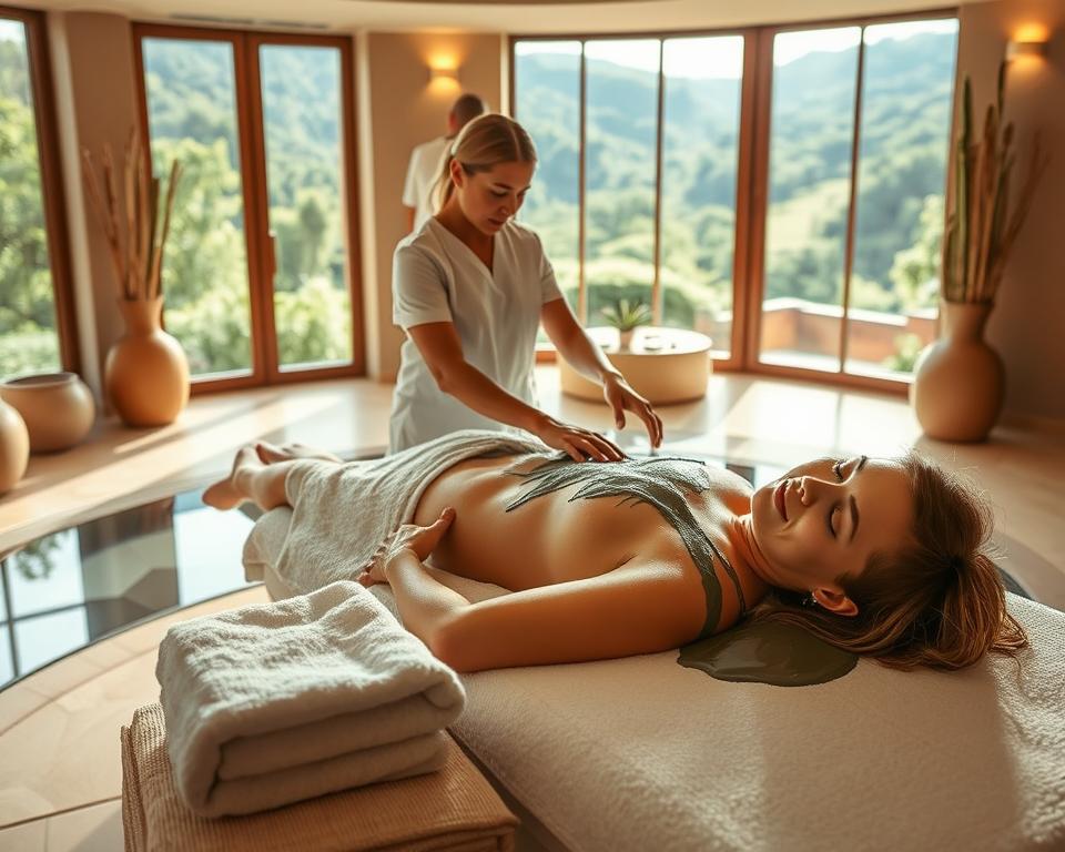 A serene scene depicting the Fango Abano Terme spa, showcasing a traditional mud therapy treatment. In the foreground, a tranquil spa setting with a well-lit treatment room featuring peaceful earth-toned decor and soft, calming lighting. A therapist, dressed in professional attire, applies mud to a client's back who is lying comfortably on a treatment bed, their face gently relaxed with a serene expression. In the middle ground, soft towels and natural elements like stones and plants enhance the spa atmosphere. The background reveals large windows with views of lush green landscapes outside, bathing the room in natural light, creating a tranquil and rejuvenating mood. Capture this moment with a warm, inviting lens effect. A serene scene depicting the Fango Abano Terme spa, showcasing a traditional mud therapy treatment. In the foreground, a tranquil spa setting with a well-lit treatment room featuring peaceful earth-toned decor and soft, calming lighting. A therapist, dressed in professional attire, applies mud to a client's back who is lying comfortably on a treatment bed, their face gently relaxed with a serene expression. In the middle ground, soft towels and natural elements like stones and plants enhance the spa atmosphere. The background reveals large windows with views of lush green landscapes outside, bathing the room in natural light, creating a tranquil and rejuvenating mood. Capture this moment with a warm, inviting lens effect.
