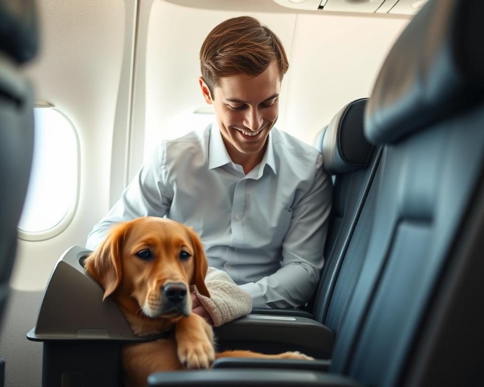 A serene scene inside an airplane cabin, showcasing a calm dog sitting quietly in a pet carrier. The dog, a medium-sized golden retriever, has a gentle expression and is resting comfortably with its head sticking out, surrounded by soft blankets. In the middle ground, a well-dressed passenger, wearing a neat shirt and relaxed demeanor, gazes down at the dog with a smile, ensuring its comfort. The airplane interior is bright and clean, with soft, natural lighting filtering through the windows, creating a warm and inviting atmosphere. The background features the airplane seats and soft blue sky visible through the windows, emphasizing a peaceful journey. The composition is framed to highlight the relationship between the passenger and the dog, evoking a sense of companionship and tranquility during travel. A serene scene inside an airplane cabin, showcasing a calm dog sitting quietly in a pet carrier. The dog, a medium-sized golden retriever, has a gentle expression and is resting comfortably with its head sticking out, surrounded by soft blankets. In the middle ground, a well-dressed passenger, wearing a neat shirt and relaxed demeanor, gazes down at the dog with a smile, ensuring its comfort. The airplane interior is bright and clean, with soft, natural lighting filtering through the windows, creating a warm and inviting atmosphere. The background features the airplane seats and soft blue sky visible through the windows, emphasizing a peaceful journey. The composition is framed to highlight the relationship between the passenger and the dog, evoking a sense of companionship and tranquility during travel.