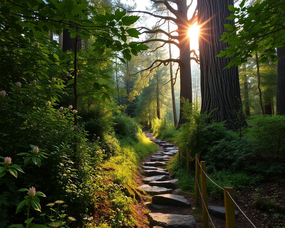 A serene scene of Foresta Umbra in the Gargano National Park, Italy during the golden hour. In the foreground, dense green foliage and various species of trees create a vibrant tapestry of greens and browns, interspersed with delicate wildflowers. The middle ground features a narrow, winding path lined with moss-covered stones, inviting the viewer deeper into the forest. Shafts of soft, warm sunlight filter through the leaves, casting dappled shadows on the ground. In the background, towering ancient trees create a majestic canopy, their trunks thick and textured, underscoring the age of the forest. The overall mood is tranquil and enchanting, evoking a sense of wonder and connection to nature, ideal for showcasing the beauty and richness of this unique ecosystem. A serene scene of Foresta Umbra in the Gargano National Park, Italy during the golden hour. In the foreground, dense green foliage and various species of trees create a vibrant tapestry of greens and browns, interspersed with delicate wildflowers. The middle ground features a narrow, winding path lined with moss-covered stones, inviting the viewer deeper into the forest. Shafts of soft, warm sunlight filter through the leaves, casting dappled shadows on the ground. In the background, towering ancient trees create a majestic canopy, their trunks thick and textured, underscoring the age of the forest. The overall mood is tranquil and enchanting, evoking a sense of wonder and connection to nature, ideal for showcasing the beauty and richness of this unique ecosystem.