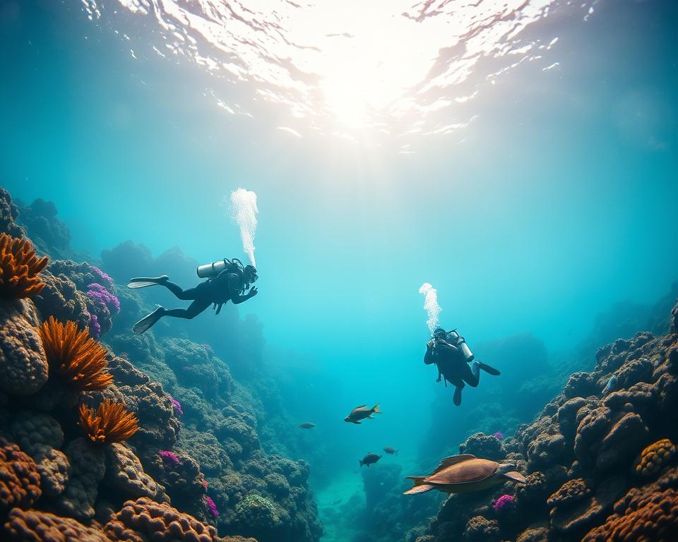 A serene underwater scene showcasing the mesmerizing beauty of submerged volcanic landscapes off the coast of Italy during the prime diving season. In the foreground, divers equipped with professional diving gear explore vibrant coral formations and intriguing volcanic rock structures. The middle ground features colorful marine life, such as fish and sea turtles, gracefully navigating through the crystal-clear water. The background reveals the soft glow of sunlight filtering through the surface, illuminating the underwater scenery, creating a tranquil and inviting atmosphere. The perspective is set slightly below sea level, capturing the ethereal quality of the underwater world. The overall mood is peaceful and awe-inspiring, highlighting the unique allure of Italy’s underwater volcanoes for diving enthusiasts. A serene underwater scene showcasing the mesmerizing beauty of submerged volcanic landscapes off the coast of Italy during the prime diving season. In the foreground, divers equipped with professional diving gear explore vibrant coral formations and intriguing volcanic rock structures. The middle ground features colorful marine life, such as fish and sea turtles, gracefully navigating through the crystal-clear water. The background reveals the soft glow of sunlight filtering through the surface, illuminating the underwater scenery, creating a tranquil and inviting atmosphere. The perspective is set slightly below sea level, capturing the ethereal quality of the underwater world. The overall mood is peaceful and awe-inspiring, highlighting the unique allure of Italy’s underwater volcanoes for diving enthusiasts.