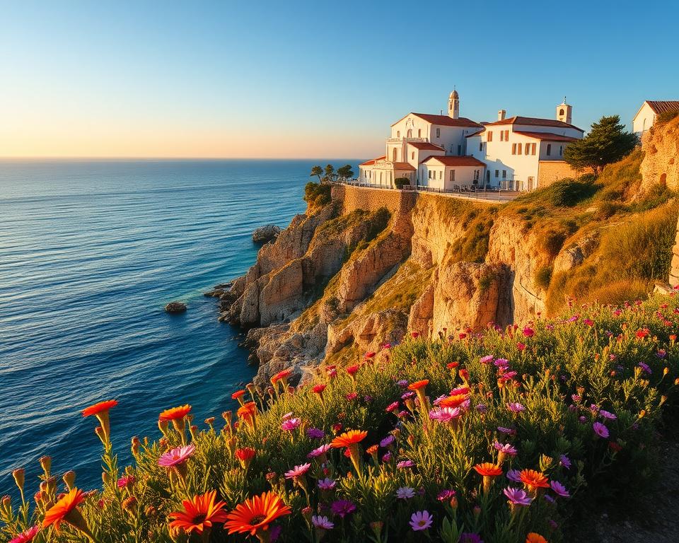 A serene view of Gargano, Italy, showcasing its stunning coastal landscape. In the foreground, vibrant wildflowers bloom along the rugged cliffs, dotted with lush green shrubs. The middle ground features traditional white stone houses, their terracotta roofs glistening in the golden sunlight, reflecting the region's historical architecture. The background is a breathtaking panorama of the azure Adriatic Sea, where gentle waves meet the rocky shoreline under a clear blue sky. The scene is bathed in warm, soft lighting, evoking a tranquil and inviting atmosphere. Shot from a slightly elevated angle to capture the vastness of the landscape, enhancing the beauty of this picturesque Italian region. A serene view of Gargano, Italy, showcasing its stunning coastal landscape. In the foreground, vibrant wildflowers bloom along the rugged cliffs, dotted with lush green shrubs. The middle ground features traditional white stone houses, their terracotta roofs glistening in the golden sunlight, reflecting the region's historical architecture. The background is a breathtaking panorama of the azure Adriatic Sea, where gentle waves meet the rocky shoreline under a clear blue sky. The scene is bathed in warm, soft lighting, evoking a tranquil and inviting atmosphere. Shot from a slightly elevated angle to capture the vastness of the landscape, enhancing the beauty of this picturesque Italian region.