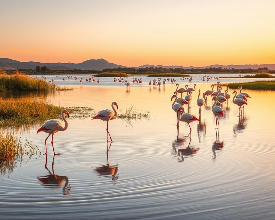A serene view of a lagoon in Sardinia at sunset, featuring a flock of elegant flamingos gracefully wading through shallow waters. In the foreground, several pink flamingos stand on one leg, their reflections shimmering in the water. The middle ground showcases lush reeds and gentle ripples created by the birds, adding dynamism to the scene. The background reveals a soft, fading sky painted with hues of orange and purple, with distant hills framing the horizon. The scene is illuminated by warm, golden light, enhancing the serenity and beauty of the moment. Capture this tranquil atmosphere using a wide-angle lens to emphasize the landscape's expansiveness, inviting viewers to feel as if they are experiencing the peacefulness of the Sardinian wilderness firsthand.
