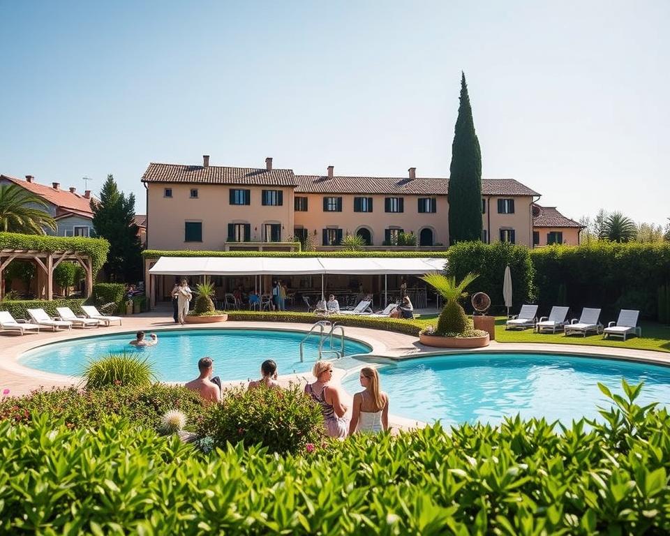 A serene view of the Kosten Spa in Abano Terme, Italy, capturing the essence of relaxation and budget-friendly wellness. In the foreground, a beautiful outdoor thermal pool surrounded by lush greenery and well-maintained gardens. In the middle ground, elegant people in modest casual attire enjoying their time at the spa, engaging in social activities or relaxing on sun loungers. The background showcases the charming Italian architecture of the spa with its warm, inviting colors under a clear blue sky. The scene is illuminated by soft, natural sunlight that creates a calm and soothing atmosphere, evoking a sense of peace and tranquility. The composition should reflect an inviting and affordable stay, perfect for a rejuvenating getaway. A serene view of the Kosten Spa in Abano Terme, Italy, capturing the essence of relaxation and budget-friendly wellness. In the foreground, a beautiful outdoor thermal pool surrounded by lush greenery and well-maintained gardens. In the middle ground, elegant people in modest casual attire enjoying their time at the spa, engaging in social activities or relaxing on sun loungers. The background showcases the charming Italian architecture of the spa with its warm, inviting colors under a clear blue sky. The scene is illuminated by soft, natural sunlight that creates a calm and soothing atmosphere, evoking a sense of peace and tranquility. The composition should reflect an inviting and affordable stay, perfect for a rejuvenating getaway.