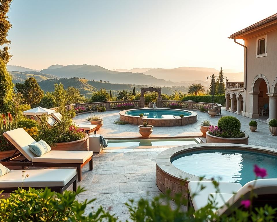 A serene wellness retreat setting in Abano Terme, Italy, showcasing a perfect day of relaxation. In the foreground, a calming outdoor spa area with comfortable lounge chairs, lush greenery, and a tranquil water feature. The middle ground features a picturesque thermal bath, surrounded by elegant stone architecture and vibrant flowers. In the background, the rolling hills of the Italian countryside bathed in soft, warm sunlight, creating a peaceful atmosphere. The scene is captured from a slight elevation, providing a comprehensive view of the wellness area. Gentle, diffused lighting enhances the serenity of the moment, evoking feelings of tranquility and rejuvenation. The image conveys an inviting, restful mood perfect for a wellness vacation. A serene wellness retreat setting in Abano Terme, Italy, showcasing a perfect day of relaxation. In the foreground, a calming outdoor spa area with comfortable lounge chairs, lush greenery, and a tranquil water feature. The middle ground features a picturesque thermal bath, surrounded by elegant stone architecture and vibrant flowers. In the background, the rolling hills of the Italian countryside bathed in soft, warm sunlight, creating a peaceful atmosphere. The scene is captured from a slight elevation, providing a comprehensive view of the wellness area. Gentle, diffused lighting enhances the serenity of the moment, evoking feelings of tranquility and rejuvenation. The image conveys an inviting, restful mood perfect for a wellness vacation.