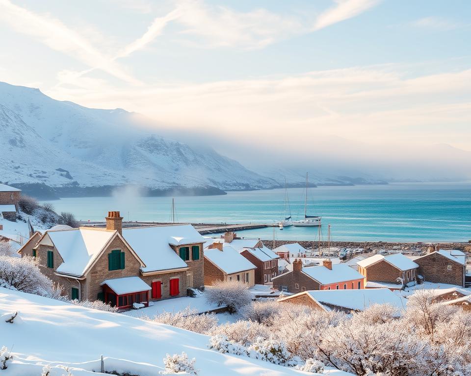 A serene winter scene on the Lipari Islands, showcasing a quaint coastal village blanketed in soft, white snow. In the foreground, charming stone houses with colorful shutters peek through the snow, their rooftops capped with frost. The middle ground features a peaceful harbor, with sailboats gently rocking on the calm, turquoise waters, partially covered in mist. In the background, snow-capped volcanic hills rise majestically against a pale blue sky, with wisps of clouds drifting lazily. Soft, diffused morning light casts a warm glow over the landscape, enhancing the tranquil and serene atmosphere, evoking a sense of peaceful solitude and natural beauty. The overall mood is calm and inviting, perfect for a winter getaway.