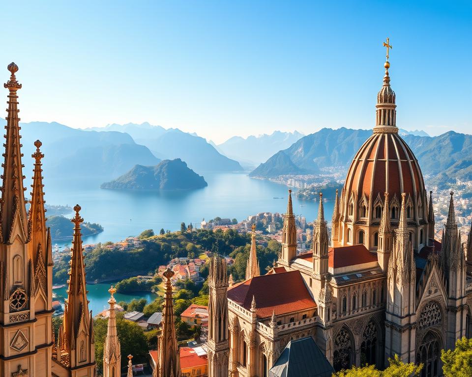 A stunning panorama of Northern Italy's iconic landmarks, featuring a vibrant foreground with the intricate architecture of the Duomo di Milano, showcasing its gothic spires. In the middle ground, the serene waters of Lake Como reflect the picturesque villas dotting the shoreline, framed by lush green hills. The background captures the majestic peaks of the Alps, their snow-capped summits glistening under a clear blue sky. Soft, warm sunlight bathes the scene, creating a welcoming and enchanting atmosphere. The image is composed with a wide-angle lens, emphasizing the depth and grandeur of Northern Italy's diverse landscapes, inviting viewers to explore its rich history and scenic beauty.