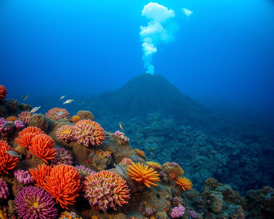A stunning underwater volcanic landscape, showcasing a vibrant array of marine life surrounding an active underwater volcano. In the foreground, colorful coral and small fish dart among the volcanic rock formations. In the middle ground, the volcano rises majestically, with smoke and bubbles billowing from its vent, illuminated by soft, ethereal light filtering through the water. The background features a gradient of deep blue hues, creating a sense of depth and mystery. The scene captures a serene yet dynamic atmosphere, highlighting the beauty of underwater photography. Use a wide-angle lens perspective to encapsulate the vastness and detail of this unique environment, focusing on the interplay of light and shadow. The mood should evoke awe and wonder at nature’s underwater phenomena. A stunning underwater volcanic landscape, showcasing a vibrant array of marine life surrounding an active underwater volcano. In the foreground, colorful coral and small fish dart among the volcanic rock formations. In the middle ground, the volcano rises majestically, with smoke and bubbles billowing from its vent, illuminated by soft, ethereal light filtering through the water. The background features a gradient of deep blue hues, creating a sense of depth and mystery. The scene captures a serene yet dynamic atmosphere, highlighting the beauty of underwater photography. Use a wide-angle lens perspective to encapsulate the vastness and detail of this unique environment, focusing on the interplay of light and shadow. The mood should evoke awe and wonder at nature’s underwater phenomena.