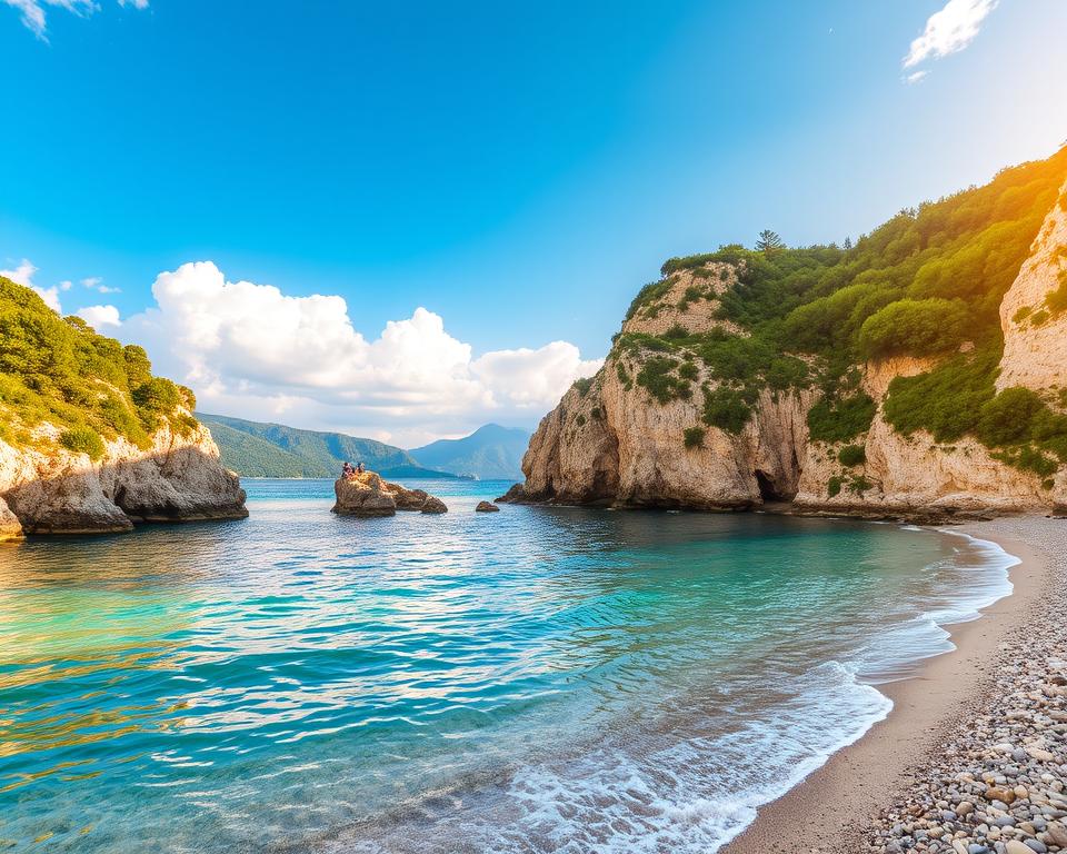 A stunning view of Strände Gargano along the Adriatic coast in Italy. In the foreground, crystal-clear turquoise waters gently lap against the soft, sandy beach dotted with smooth pebbles. To the sides, lush green cliffs rise dramatically, adorned with patches of vibrant Mediterranean vegetation. The middle ground features a serene, secluded cove, framed by natural rock formations, where a few people relax, dressed in modest casual clothing, enjoying the sun and scenery. In the background, the gentle undulations of the coastline stretch into the distance, with a bright blue sky above, scattered with fluffy white clouds. The lighting is warm, capturing the golden hour, with a soft glow that creates a tranquil and inviting atmosphere, reminiscent of a perfect summer day by the sea. A stunning view of Strände Gargano along the Adriatic coast in Italy. In the foreground, crystal-clear turquoise waters gently lap against the soft, sandy beach dotted with smooth pebbles. To the sides, lush green cliffs rise dramatically, adorned with patches of vibrant Mediterranean vegetation. The middle ground features a serene, secluded cove, framed by natural rock formations, where a few people relax, dressed in modest casual clothing, enjoying the sun and scenery. In the background, the gentle undulations of the coastline stretch into the distance, with a bright blue sky above, scattered with fluffy white clouds. The lighting is warm, capturing the golden hour, with a soft glow that creates a tranquil and inviting atmosphere, reminiscent of a perfect summer day by the sea.