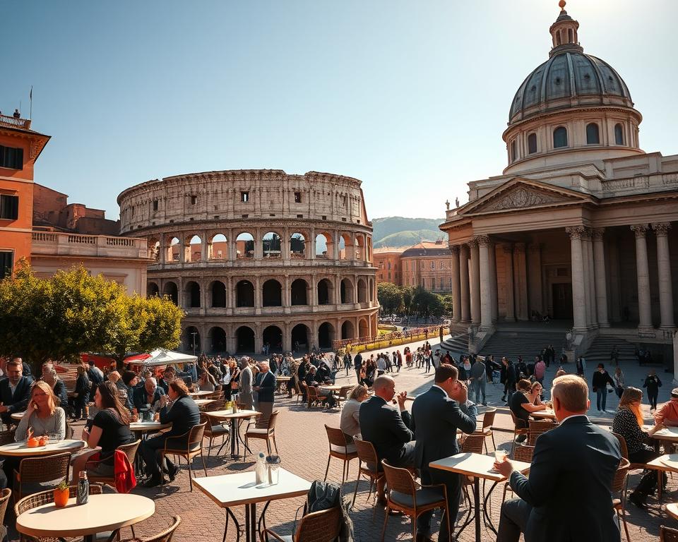 A stunning view of iconic Roman landmarks showcasing the essence of ancient history and modern life. In the foreground, capture a charming piazza with vibrant outdoor cafés, where people in professional attire are enjoying a leisurely coffee. In the middle ground, depict the Colosseum bathed in warm golden sunlight, with tourists marveling at its grandeur. To the right, feature St. Peter's Basilica with its impressive dome towering against a clear blue sky. The background should include rolling hills of the Roman countryside, subtly hinting at the region's beauty. The atmosphere is lively yet timeless, conveying a sense of exploration and appreciation for the rich history of the city. Use soft, warm lighting to evoke a feeling of serenity and joy, emphasizing the "Dolce Vita" lifestyle. The composition should be well-balanced, aiming for a captivating shot from a low angle to accentuate the monumental structures.
