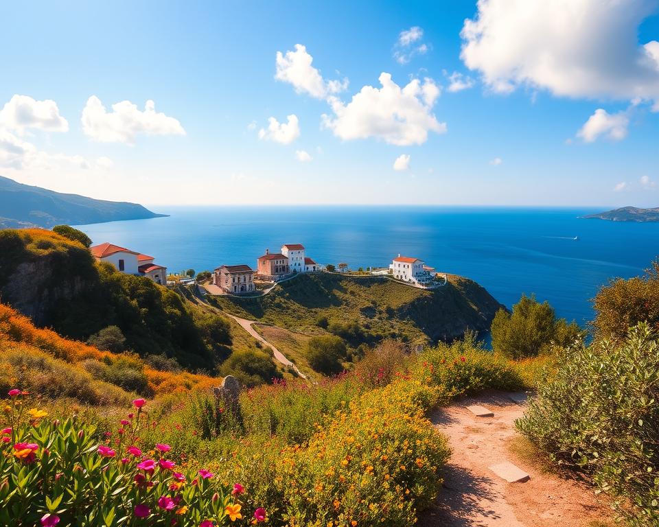 A stunning view of the Lipari Islands, capturing the essence of their natural beauty. In the foreground, a scenic pathway winding through vibrant green vegetation, dotted with colorful wildflowers. Midground features charming traditional whitewashed houses with terracotta roofs, nestled against rocky cliffs. The background showcases the azure Mediterranean Sea, glistening under a bright blue sky with fluffy white clouds. The lighting is warm and inviting, reminiscent of golden hour, enhancing the rich colors and textures. This idyllic atmosphere reflects the ideal travel experience to the Liparische Inseln across all seasons, evoking a sense of adventure and tranquility. The perspective is slightly elevated, offering a panoramic view that immerses the viewer in the landscape.