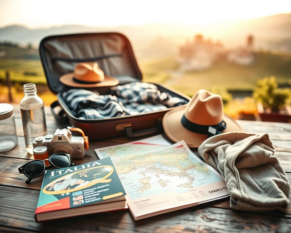 A stylish packing list for a road trip through Italy, featuring an organized flat lay displayed on a rustic wooden table. In the foreground, neatly arranged travel essentials such as a folded Italian guidebook, a pair of sunglasses, a water bottle, a light jacket, and a map highlighting scenic routes are prominently featured. In the middle ground, an open suitcase showcases neatly packed clothes suitable for varying climates, alongside a stylish hat and a camera. The background features soft-focus elements of an Italian landscape, hinting at rolling hills, vineyards, and iconic architecture under warm golden sunlight. The overall mood is adventurous and inviting, evoking the excitement of discovering Italy by car. Shot in natural light with a shallow depth of field to emphasize the packing list. A stylish packing list for a road trip through Italy, featuring an organized flat lay displayed on a rustic wooden table. In the foreground, neatly arranged travel essentials such as a folded Italian guidebook, a pair of sunglasses, a water bottle, a light jacket, and a map highlighting scenic routes are prominently featured. In the middle ground, an open suitcase showcases neatly packed clothes suitable for varying climates, alongside a stylish hat and a camera. The background features soft-focus elements of an Italian landscape, hinting at rolling hills, vineyards, and iconic architecture under warm golden sunlight. The overall mood is adventurous and inviting, evoking the excitement of discovering Italy by car. Shot in natural light with a shallow depth of field to emphasize the packing list.