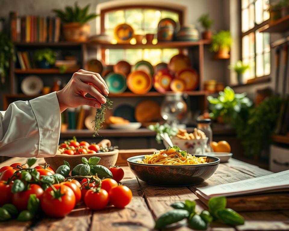 A vibrant Italian kitchen scene showcasing culinary expressions and phrases. In the foreground, a rustic wooden table is laden with fresh ingredients: ripe tomatoes, fragrant basil, and a steaming bowl of pasta. A hand, wearing a classic chef's white coat, reaches to sprinkle herbs over the dish, emphasizing the art of cooking. In the middle ground, shelves filled with traditional Italian cookbooks and colorful ceramic plates create a homely atmosphere. A window in the background allows warm sunlight to pour in, illuminating the space and casting gentle shadows. The mood is inviting and warm, evoking a sense of comfort and passion for Italian cuisine. The focus should be sharp on the foreground, with a slight blur in the background, capturing the essence of culinary culture in Italy. A vibrant Italian kitchen scene showcasing culinary expressions and phrases. In the foreground, a rustic wooden table is laden with fresh ingredients: ripe tomatoes, fragrant basil, and a steaming bowl of pasta. A hand, wearing a classic chef's white coat, reaches to sprinkle herbs over the dish, emphasizing the art of cooking. In the middle ground, shelves filled with traditional Italian cookbooks and colorful ceramic plates create a homely atmosphere. A window in the background allows warm sunlight to pour in, illuminating the space and casting gentle shadows. The mood is inviting and warm, evoking a sense of comfort and passion for Italian cuisine. The focus should be sharp on the foreground, with a slight blur in the background, capturing the essence of culinary culture in Italy.