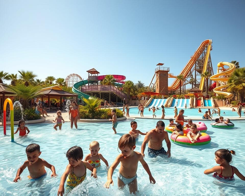 A vibrant Sicilian water park scene filled with families enjoying a sunny day. In the foreground, children in modest swimwear play joyfully in a splash pad area, with colorful water fountains and slides in vibrant colors. The middle ground features a large wave pool with families floating on inflatable tubes, while parents relax under shaded cabanas, surrounded by lush tropical plants. The background showcases roller coasters and towering slides set against a clear blue sky, capturing the excitement and adventure of a family day out. The scene is bathed in warm, golden sunlight, conveying a lively and cheerful atmosphere, perfect for creating lasting memories.