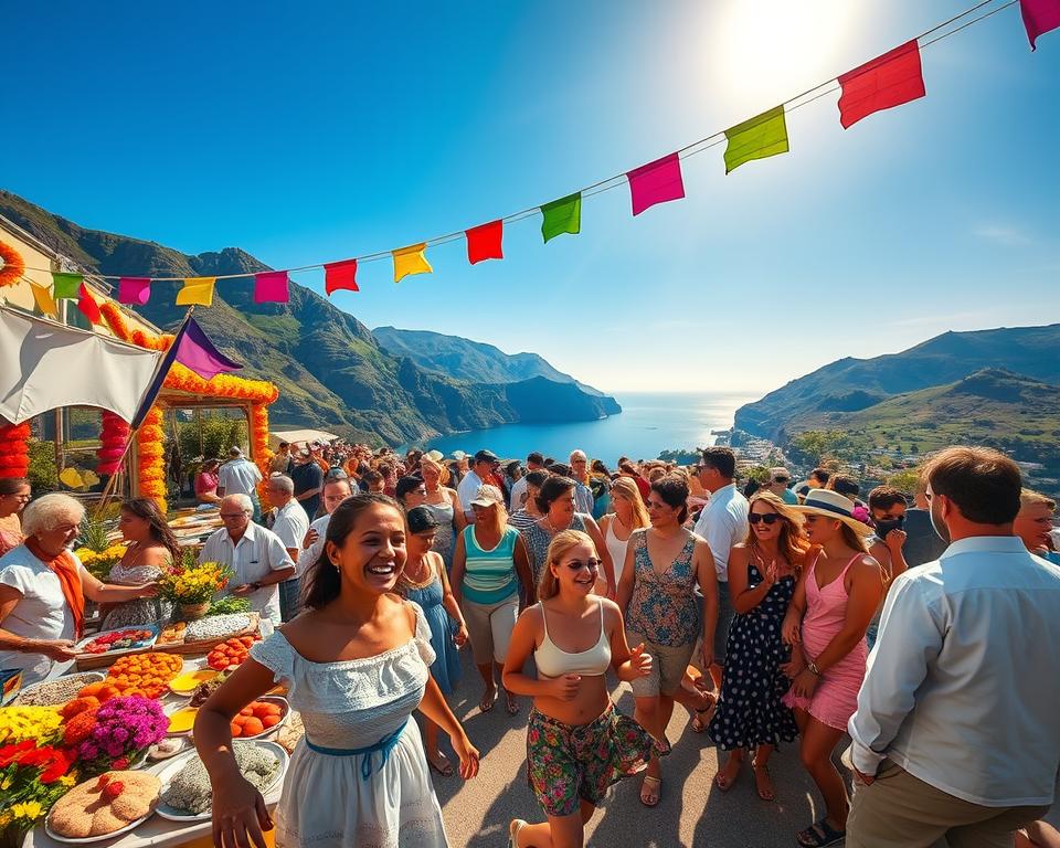 A vibrant and colorful festival scene on the Lipari Islands, showcasing a lively crowd of people dressed in modest, casual summer clothing, enjoying traditional music and dance. In the foreground, local artisans display handcrafted goods, with colorful decorations, flowers, and banners creating a festive atmosphere. The middle ground features families and groups engaged in joyous activities, with smiles and laughter capturing the spirit of celebration. The background displays the stunning volcanic cliffs and lush greenery of the islands, under a brilliant blue sky with warm sunlight illuminating the scene. The image should evoke a sense of joy and cultural richness, with a vibrant color palette and a slightly soft focus to highlight the festive mood, as if captured with a 35mm lens in the late afternoon.