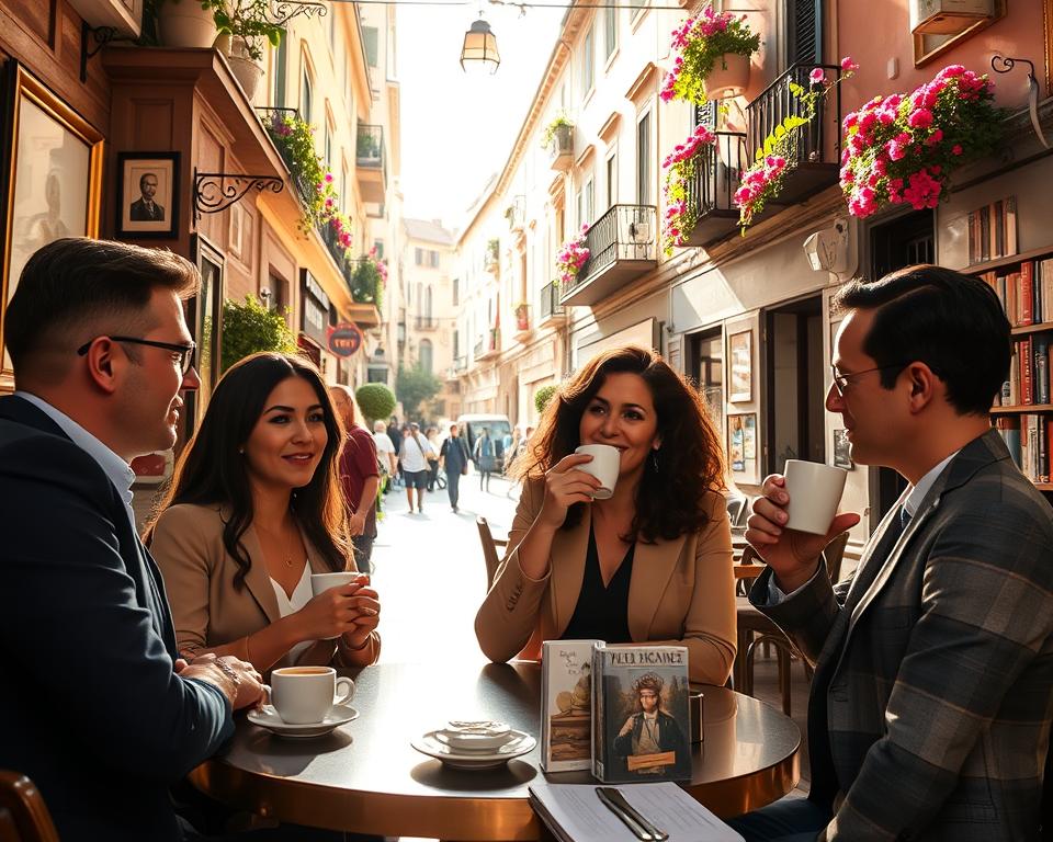 A vibrant café scene in Italy, filled with people engaging in conversation, showcasing the essence of Italian language culture. In the foreground, a group of three friends, wearing smart casual attire, animatedly discussing phrases and idioms while sipping espresso. The middle ground features an elegant, rustic café interior adorned with colorful artwork and shelves of books about Italian language and history. In the background, a sunlit street reveals charming Italian architecture and flowers cascading from balconies, adding warmth to the scene. Soft, golden hour lighting bathes the environment, creating a warm and inviting atmosphere, evoking feelings of connection, history, and emotion. The scene captures the essence of everyday life intertwined with rich linguistic heritage. A vibrant café scene in Italy, filled with people engaging in conversation, showcasing the essence of Italian language culture. In the foreground, a group of three friends, wearing smart casual attire, animatedly discussing phrases and idioms while sipping espresso. The middle ground features an elegant, rustic café interior adorned with colorful artwork and shelves of books about Italian language and history. In the background, a sunlit street reveals charming Italian architecture and flowers cascading from balconies, adding warmth to the scene. Soft, golden hour lighting bathes the environment, creating a warm and inviting atmosphere, evoking feelings of connection, history, and emotion. The scene captures the essence of everyday life intertwined with rich linguistic heritage.